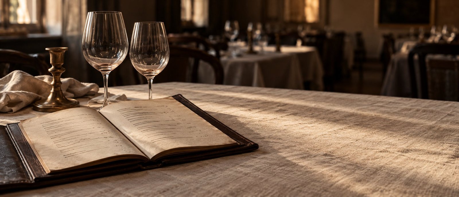 Carta de vinhos encadernada aberta sobre a mesa de um restaurante vazio, ao lado de duas taças e um castiçal, na luz da manhã