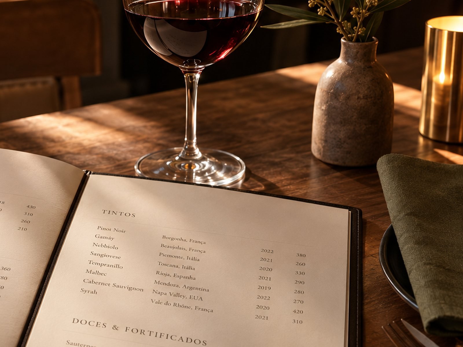 Carta de vinhos aberta na seção de tintos, sobre a mesa de um restaurante, ao lado de uma taça de vinho tinto servida