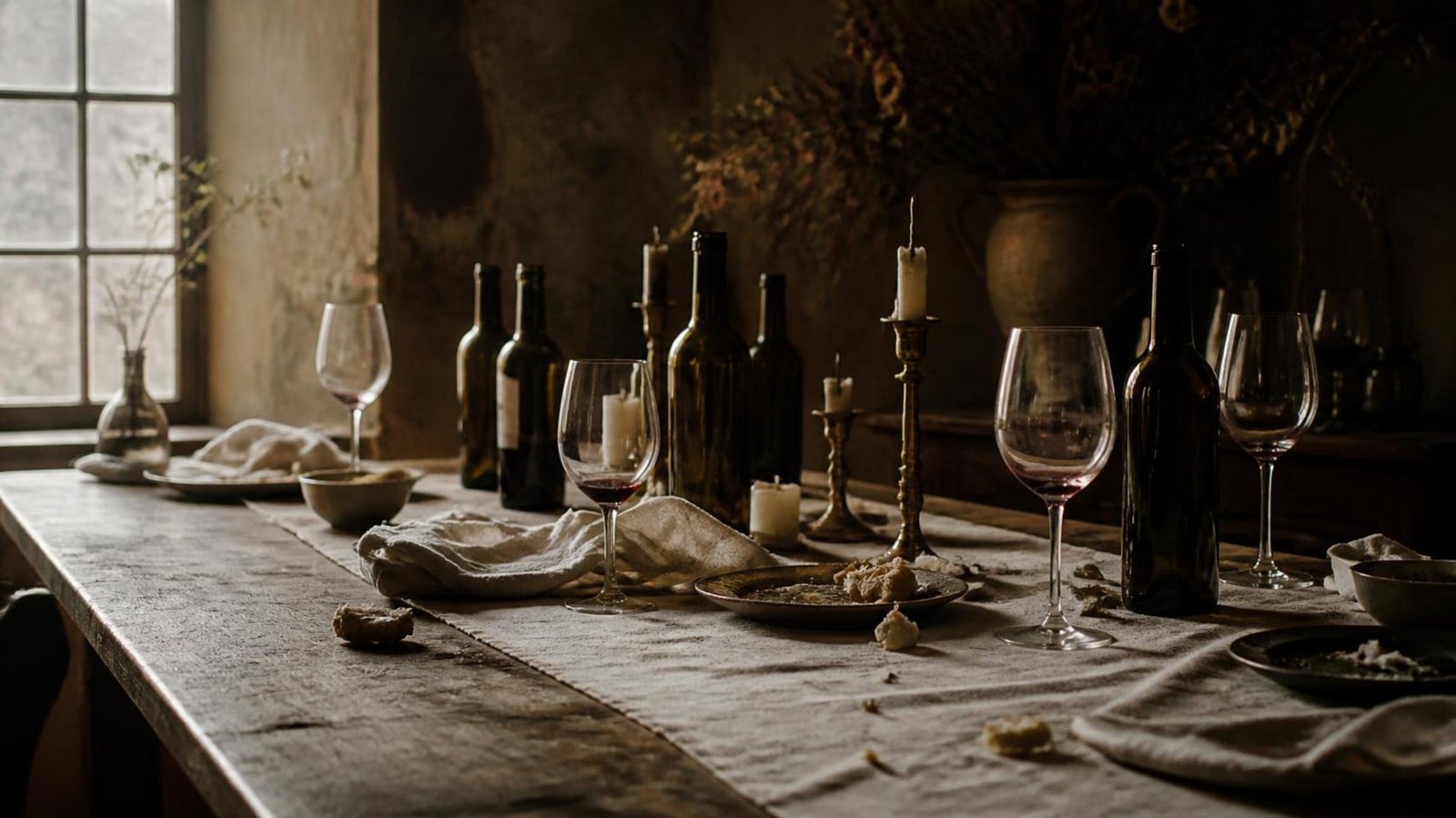Mesa longa de madeira na manhã seguinte a um jantar: garrafas vazias, taças usadas, guardanapos de linho e velas consumidas, sob a luz da janela