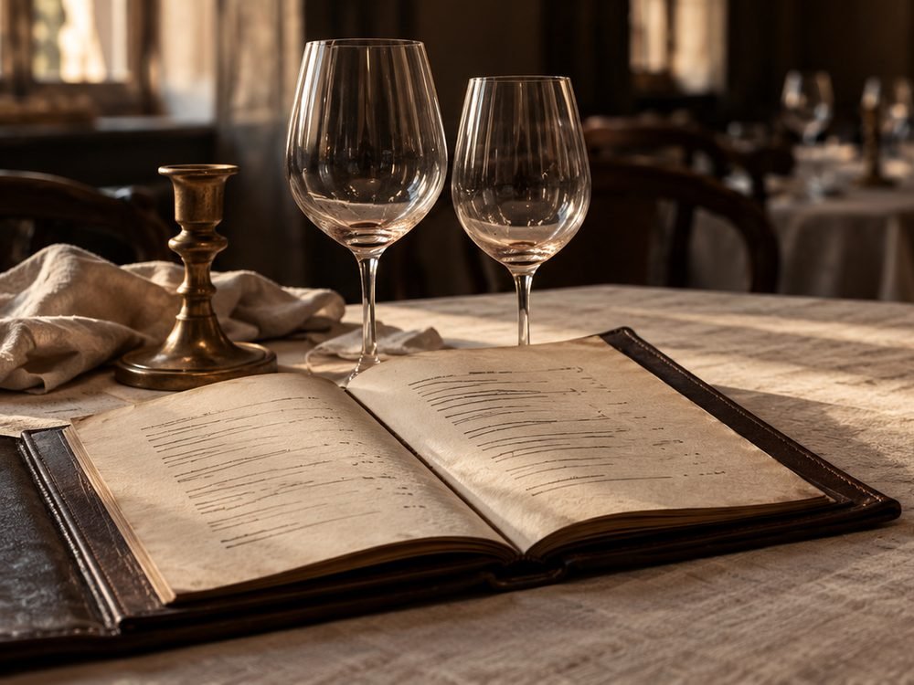 Carta de vinhos encadernada aberta sobre a mesa de um restaurante vazio, ao lado de duas taças e um castiçal, na luz da manhã