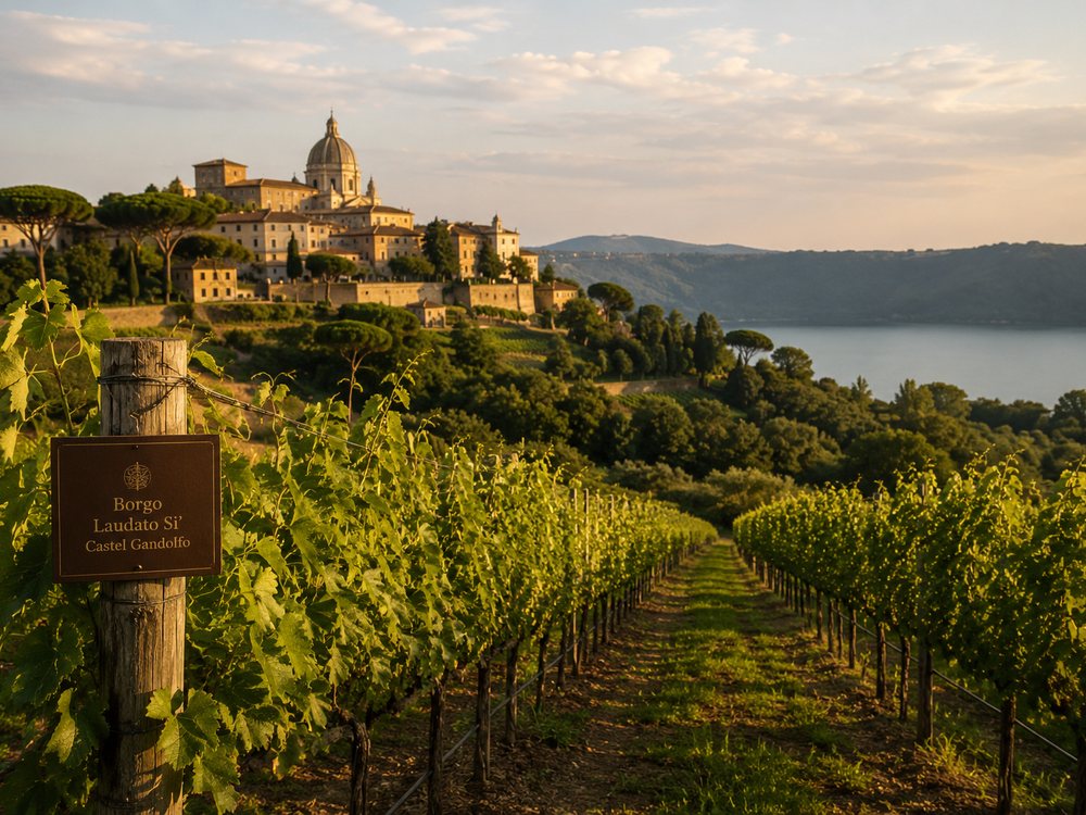 Vinhedo ao entardecer em colina italiana, com videiras e construções de pedra ao fundo